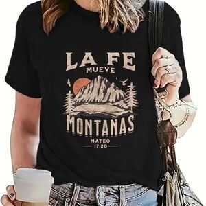 Christian Crew Neck T-Shirt Mountain Print Faith Spanish La Fe Mueve Montañas
